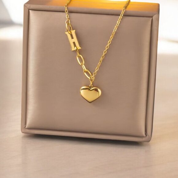 Stainless Steel Jewelry - 18K Gold Stainless Steel Necklace Heart Charm H Pendant
